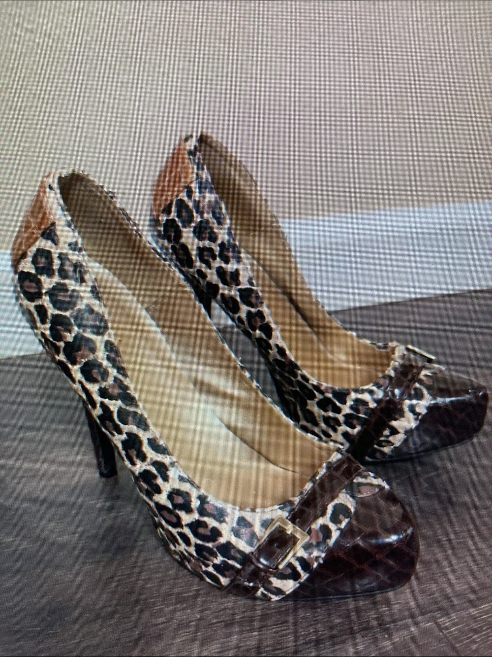Leopard Print High Heel Pumps with Brown Patent Trim